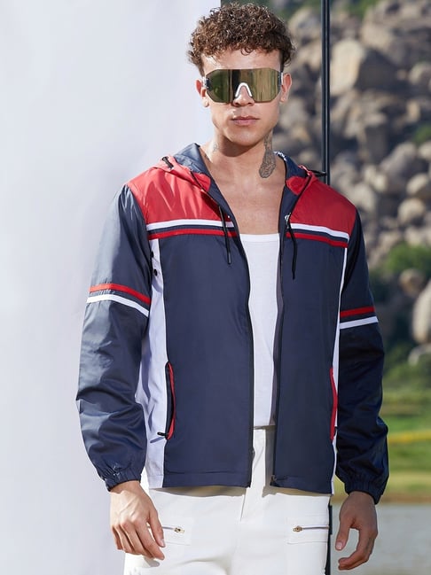 Campus Sutra Blue Regular Fit Colour Block Hooded Jacket