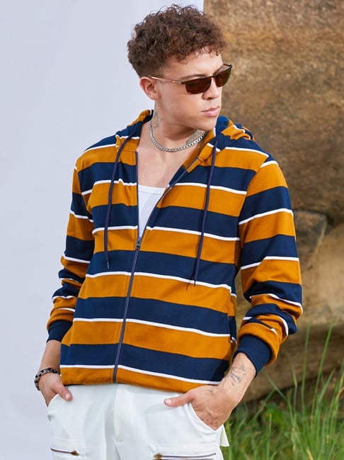 Campus Sutra Yellow Blue Cotton Regular Fit Striped Hooded Sweatshirt