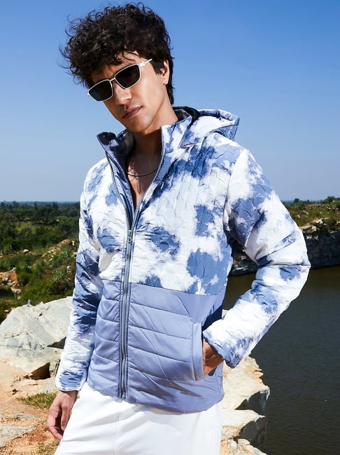 Campus Sutra White Blue Regular Fit Tie-Dye Hooded Jacket