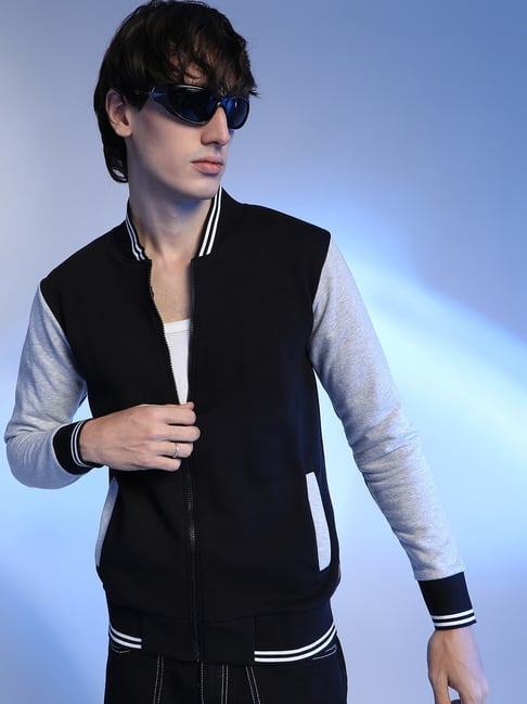 Campus Sutra Black Cotton Regular Fit Colour Block Bomber Jacket-picture-35