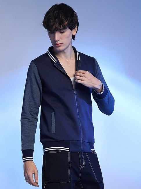 Campus Sutra Blue Cotton Regular Fit Bomber Jacket-picture-20