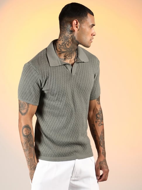 Campus Sutra Grey Regular Fit Self Pattern Polo T-Shirt-picture-39