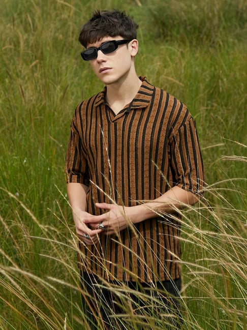 cahoot Campus Sutra Brown Regular Fit Striped Polo T-Shirt-picture-26