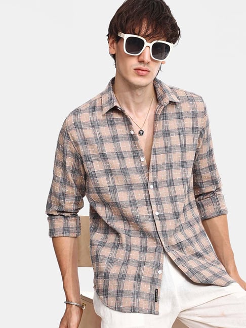 CAHOOT Beige Regular Fit Checks Shirt-picture-47