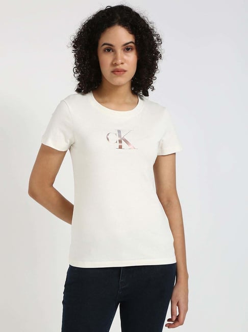 Calvin Klein Jeans Ivory Cotton Slim Fit T-Shirt