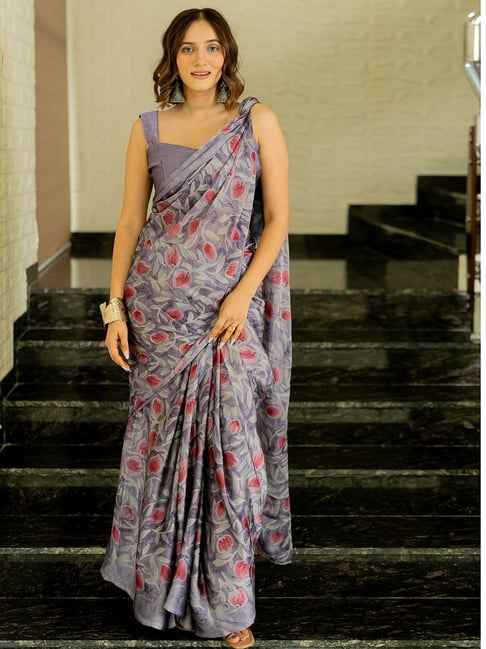 Mirchi Fashion Lavender Chiffon Floral Saree With Unstitched Blouse-picture-19