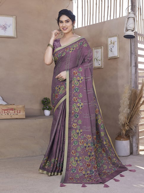 Mirchi Fashion Wine Cotton Blend Floral Saree With Unstitched Blouse-picture-23