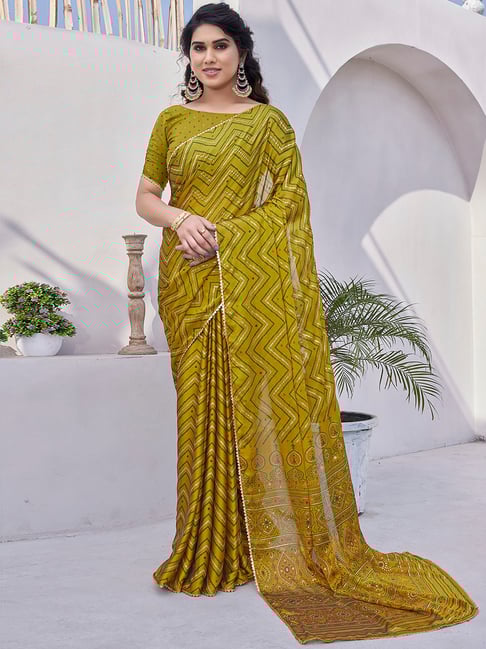 Mirchi Fashion Mustard Chiffon Chevrons Saree With Unstitched Blouse-picture-20