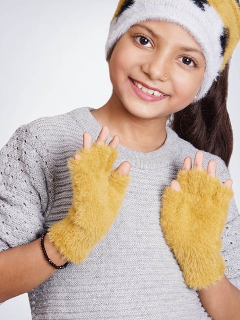 BHARATASYA Winter Fur Warm Soft Woolen Half Finger Gloves for Kids