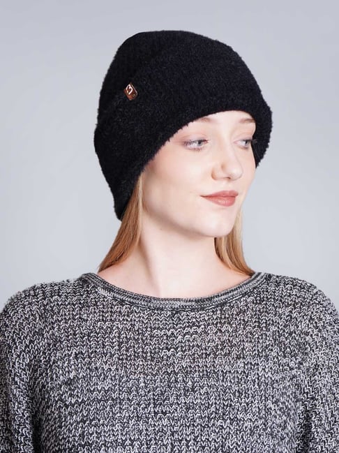 BHARATASYA Rabbit Fur Black Beanie Cap For Women