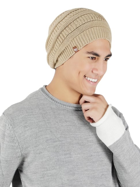BHARATASYA Acrylic Beige Mens Winter Beanie