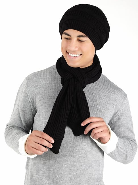 Buy BHARATASYA Acrylic Black Mens Winter Beanie Muffler Set