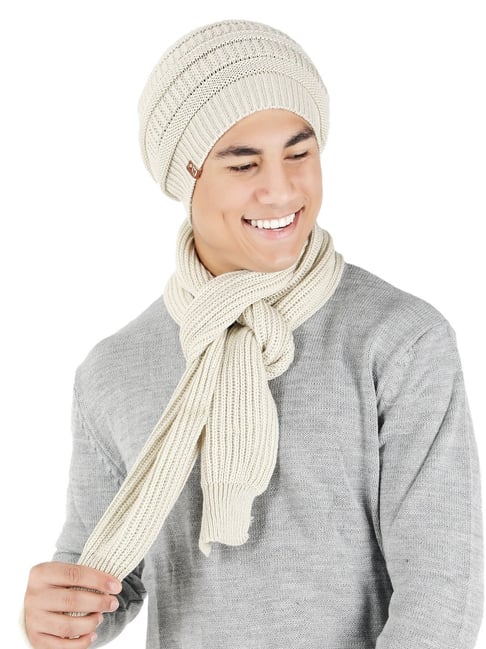 BHARATASYA Acrylic White Mens Winter Beanie Muffler Set