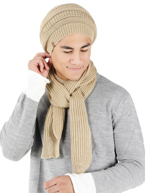 Buy BHARATASYA Acrylic Beige Mens Winter Beanie Muffler Set