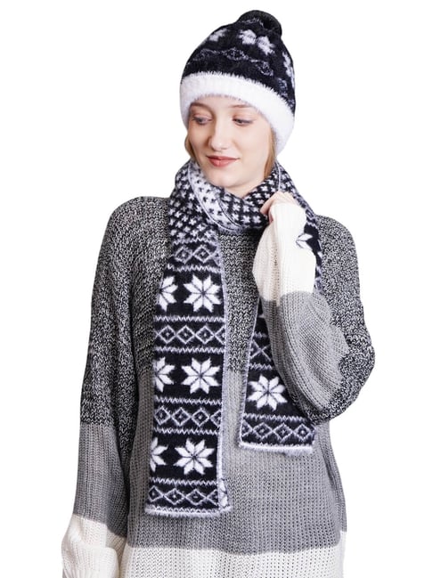 BHARATASYA Wool Black Womens Winter Cap Muffler set