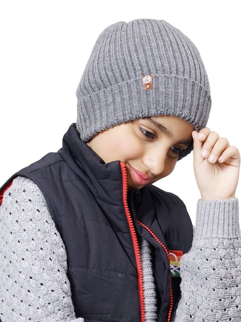 BHARATASYA Acrylic Grey Girls Winter Beaine Cap