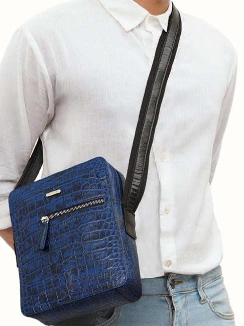 Hidesign Blue Textured Medium Cross Body Bag