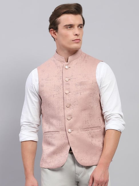 Monte Carlo Mens Pink Self Design Band Neck Sleeveless Waist Coat