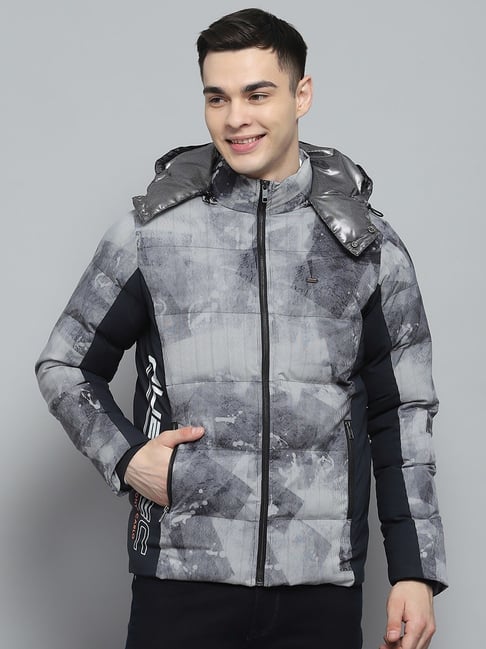 Monte Carlo Mens Printed Navy Blue Detachable Hood Full Sleeve Jacket