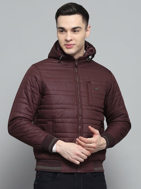 Monte Carlo Mens Solid Wine Hooded Neck Full Sleeve Jacket