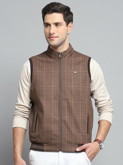 Buy Monte Carlo Mens Solid Brown Band Neck Sleeveless Jacket