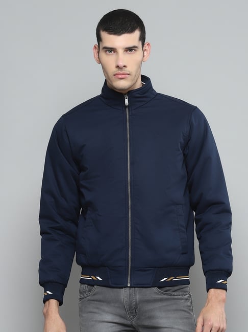 Cloak & Decker Mens Solid Navy Blue Mock Neck Full Sleeve Jacket