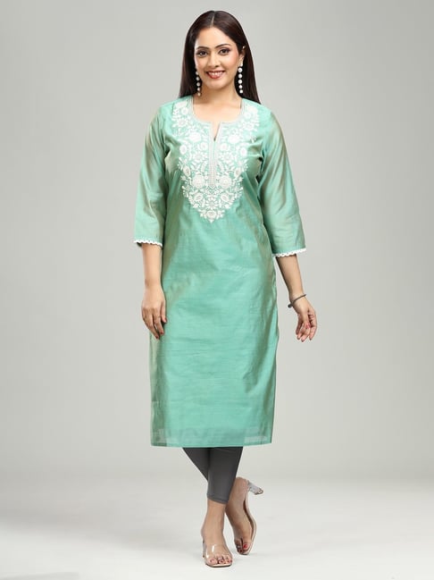 Cotton Culture Green Chanderi Embroidered3/4th sleeves Kurta-picture-20
