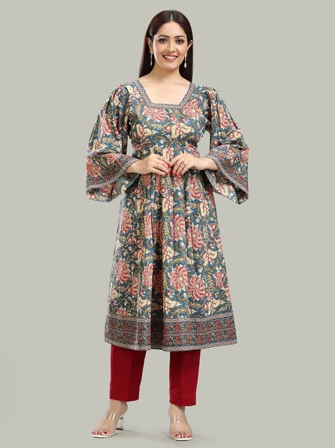 Cotton Culture Teal Cotton Print Flared Sleeves Kurta-picture-15