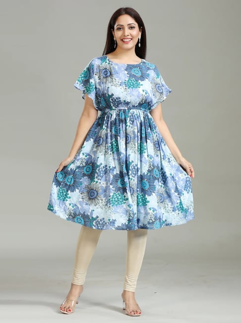 Cotton Culture Blue Rayon Print Flared Sleeve Kurta-picture-19