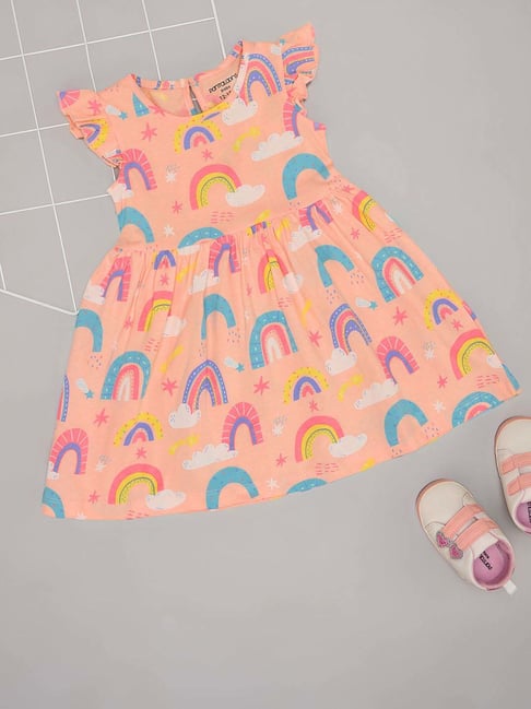 Pantaloons Baby Girls Bleached Apricot Cotton Printed Casual Dresses