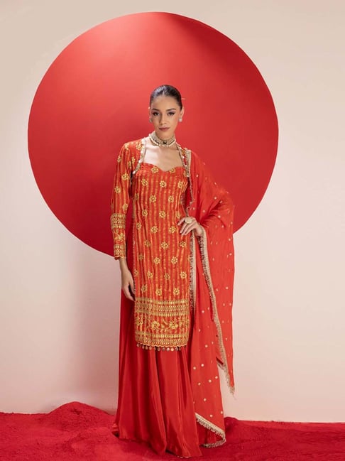 Buy Sew You Red Silk,Viscose Flared,Fitted Suit Set for Womens