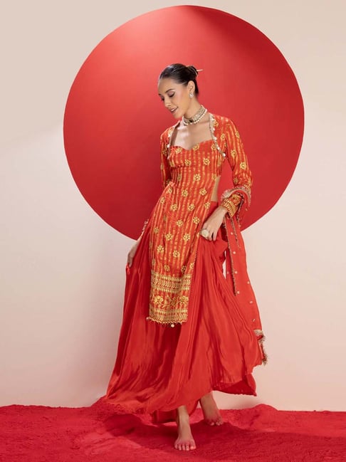 Buy Sew You Red Silk,Viscose Flared,Fitted Suit Set for Womens