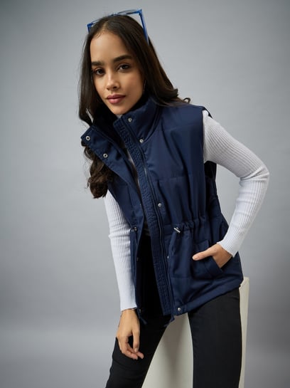 CLUB YORK Denim Polyester Solid Sleeveless Jacket