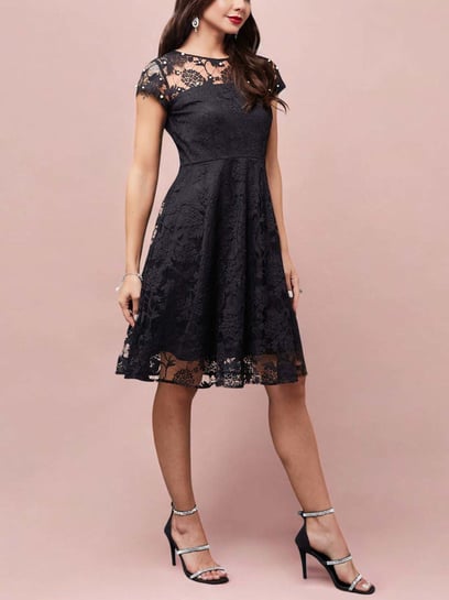Wrap Cap Sleeve Skater Dress Lace Wedding Dress With Knee Length Lace Cap  Sleeve Skater Dress