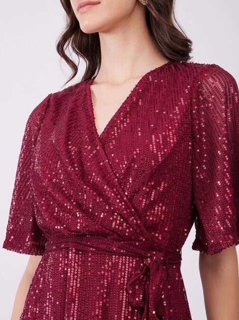 Fab Maroon Abstract Printed Gather Dress For Women