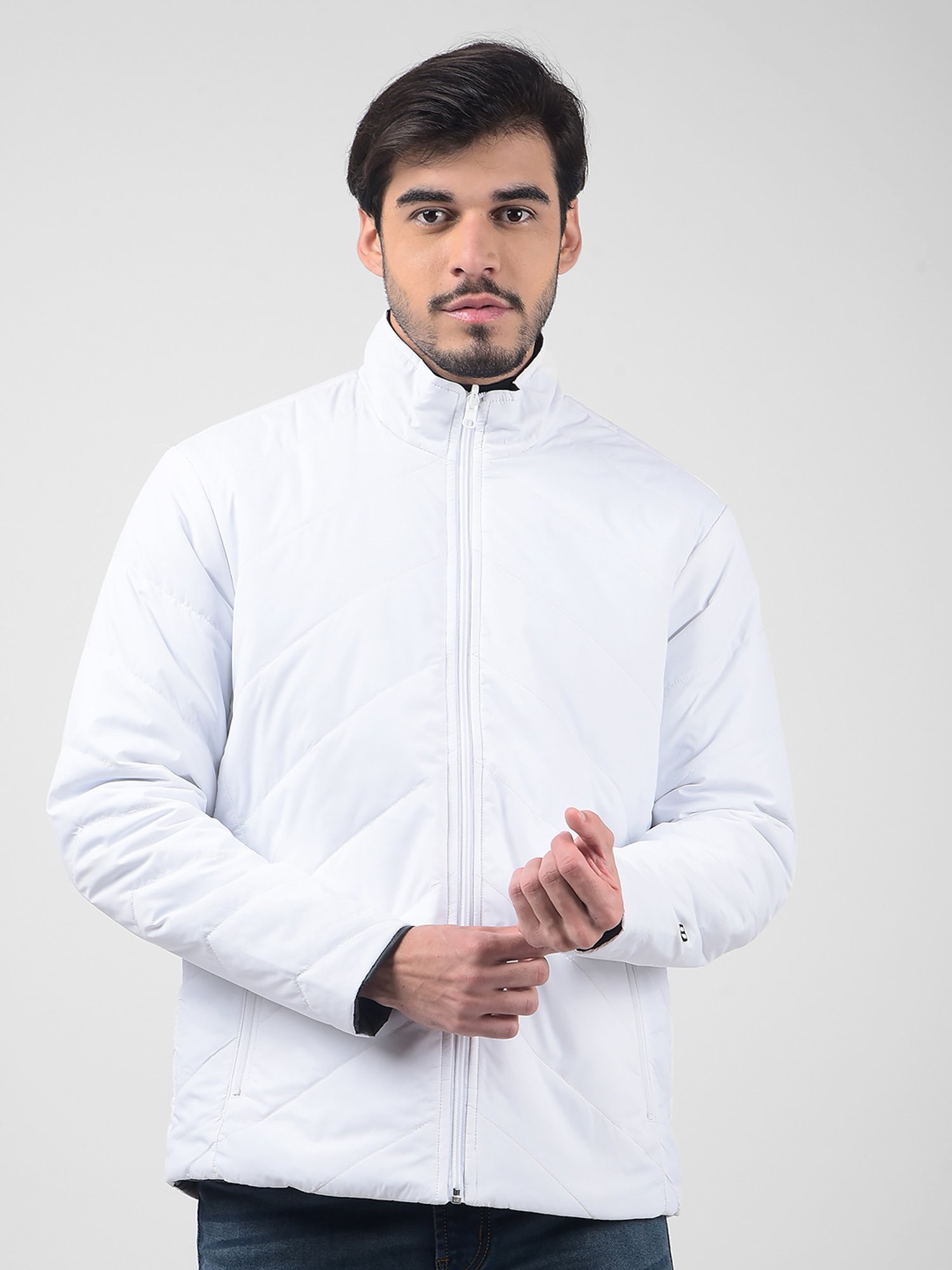 Buy NUMERO UNO White & Dark Olive Regular Fit Quilted Jacket