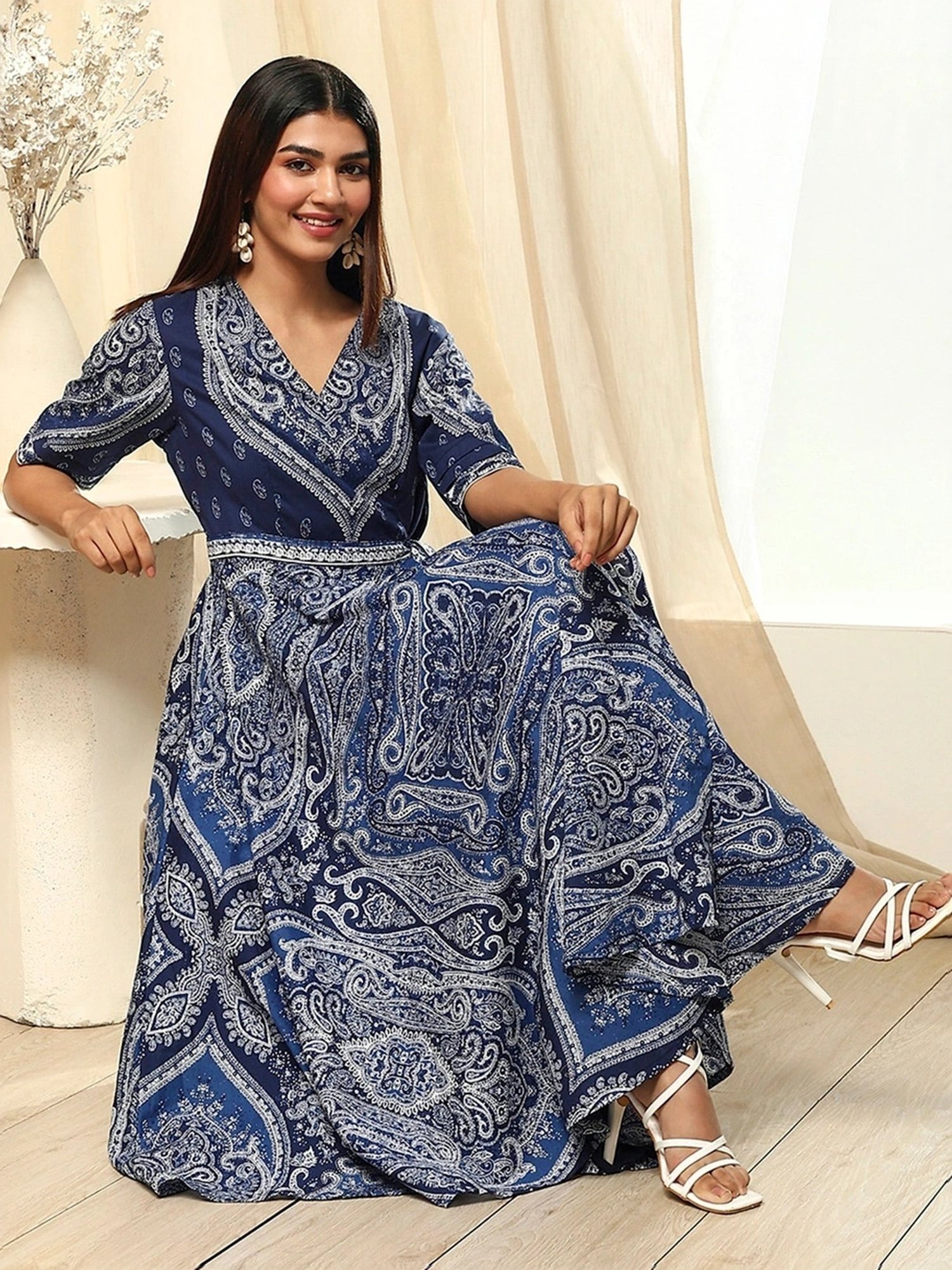 Biba Navy Blue Cotton Printed Dress