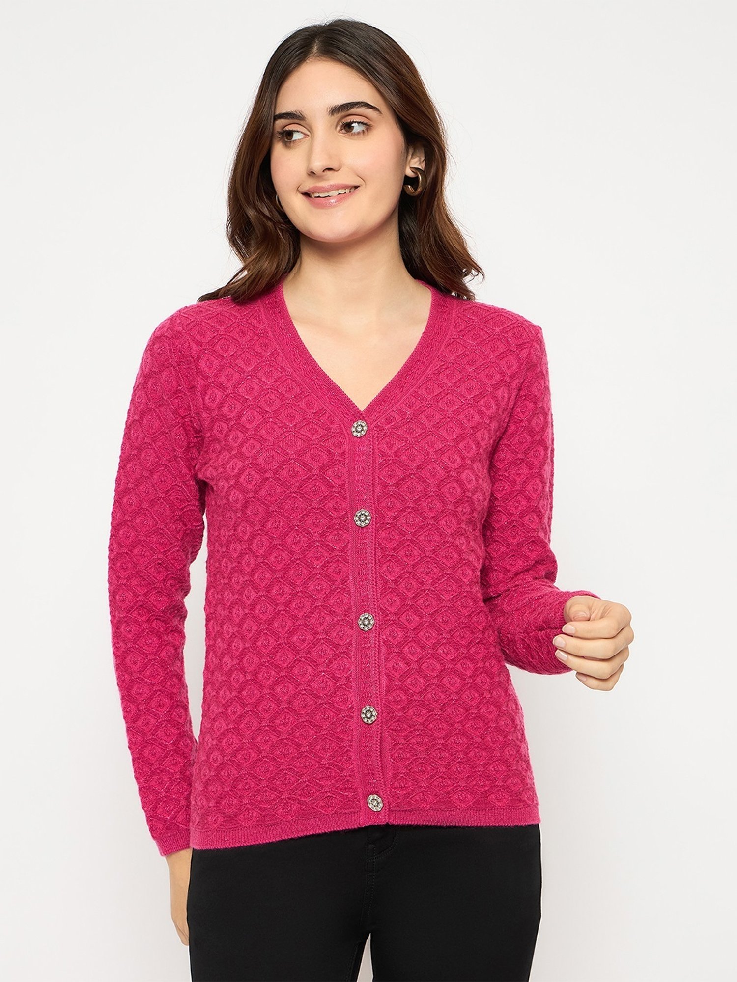 MADAME Pink Acrylic Self Full Sleeves Cardigan