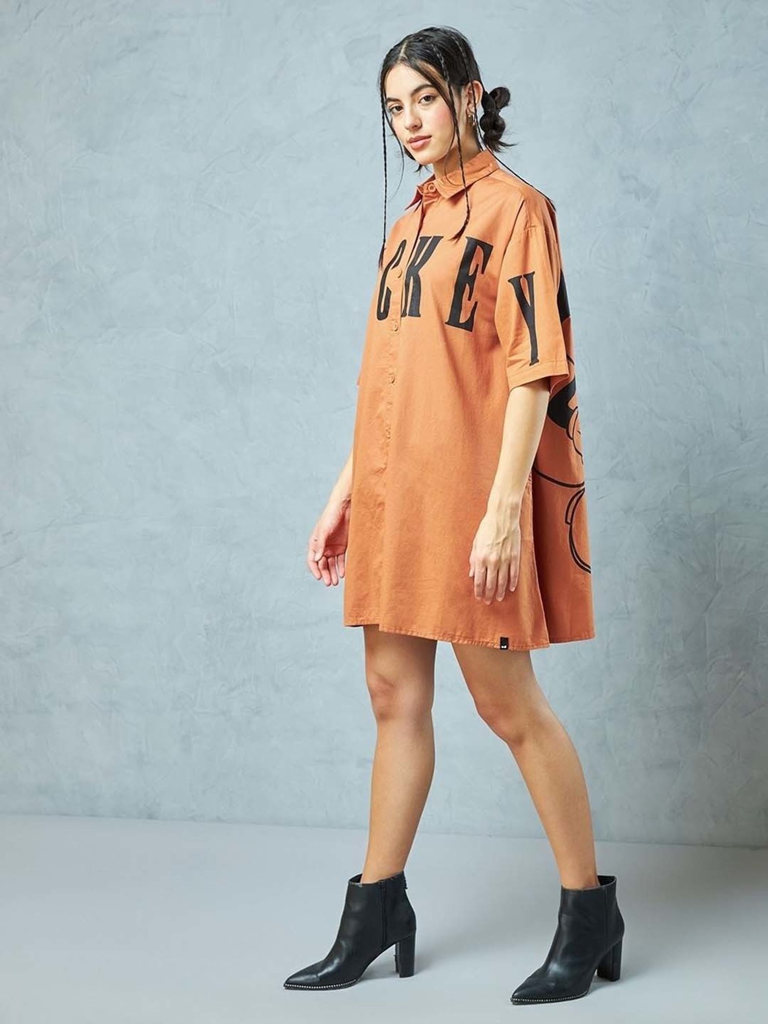 Bewakoof Women's Orange Mickey Graphic Printed Oversized Shirt Dress Bewakoof Women's Orange Mickey Graphic Printed Oversized Shirt Dress