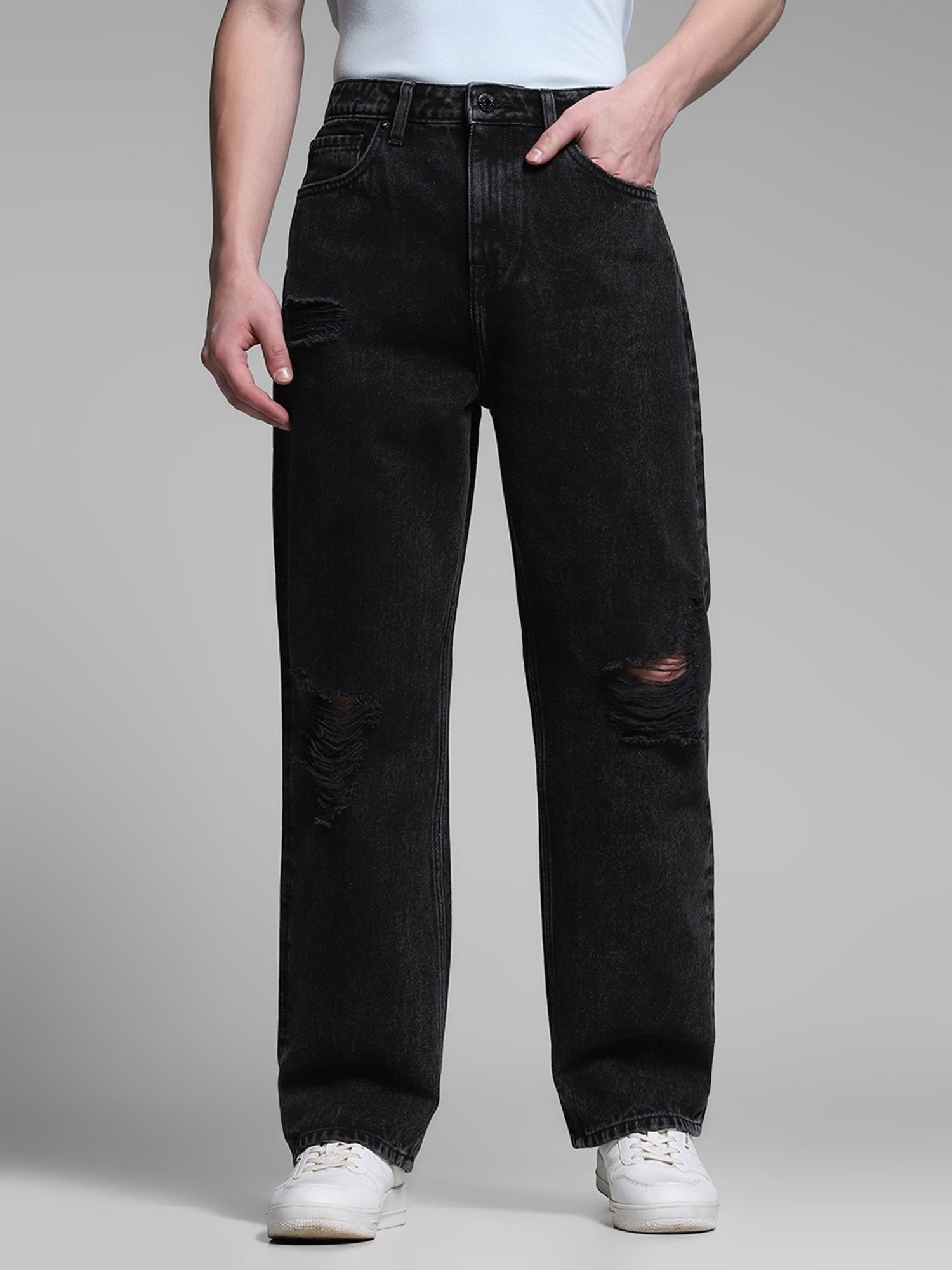 Jack & Jones Black Cotton Loose Fit Distressed Jeans Jack & Jones Black Cotton Loose Fit Distressed Jeans