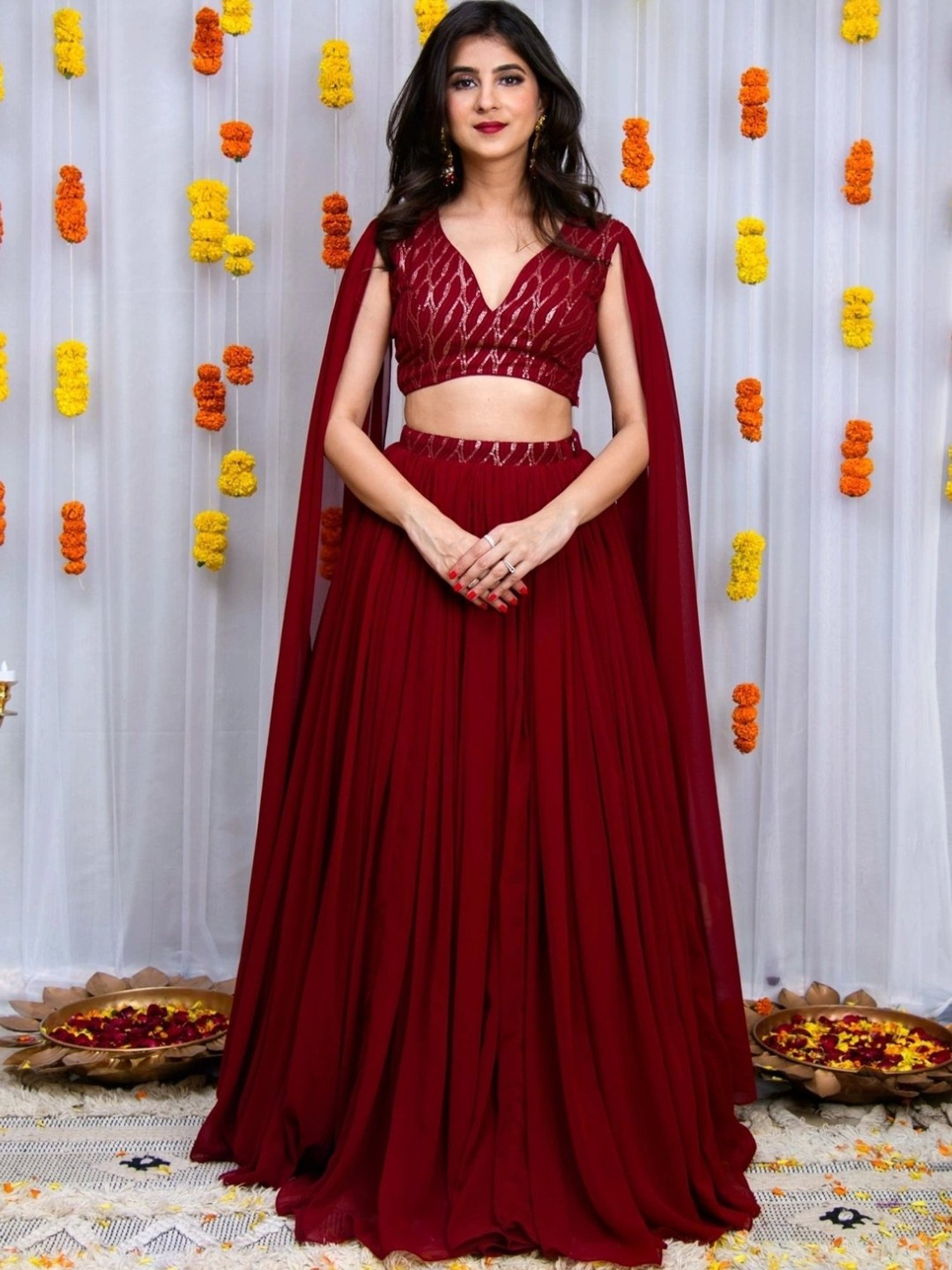 Buy Label Shaurya Sanadhya Maroon Cape Sleeves Lehenga Set Online