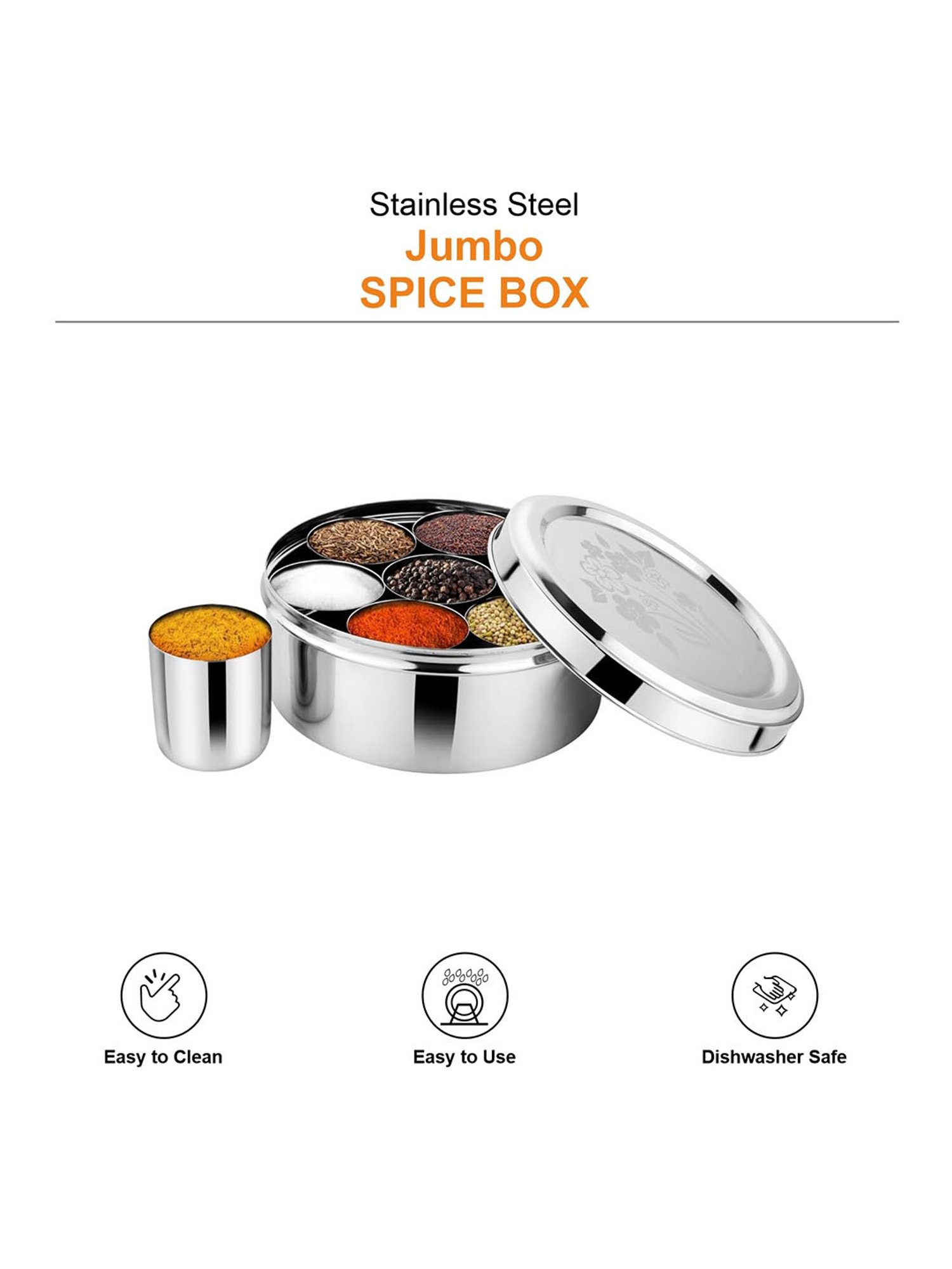 Prabha Stainless Steel Silver Jumbo Spice Box Plain, Large Spice