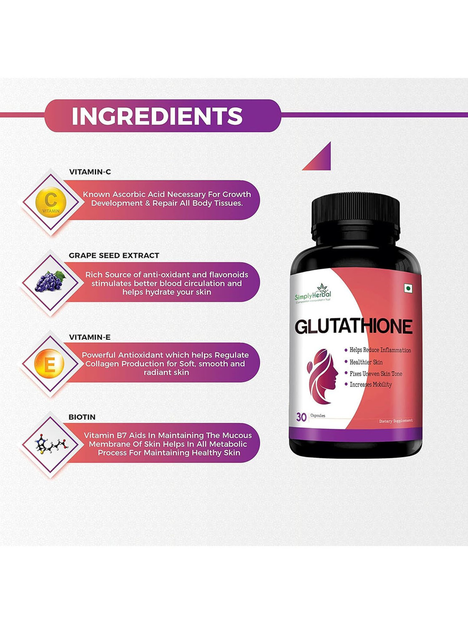 Simply Herbal L Glutathione Capsules With Vitamin C & E for Glowing &  Brightening Skin