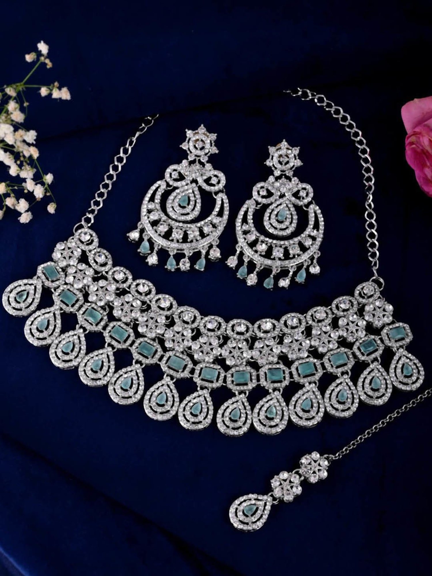Buy VOJ Silver-Plated AD Necklace With Earring And Maang Tikka Set