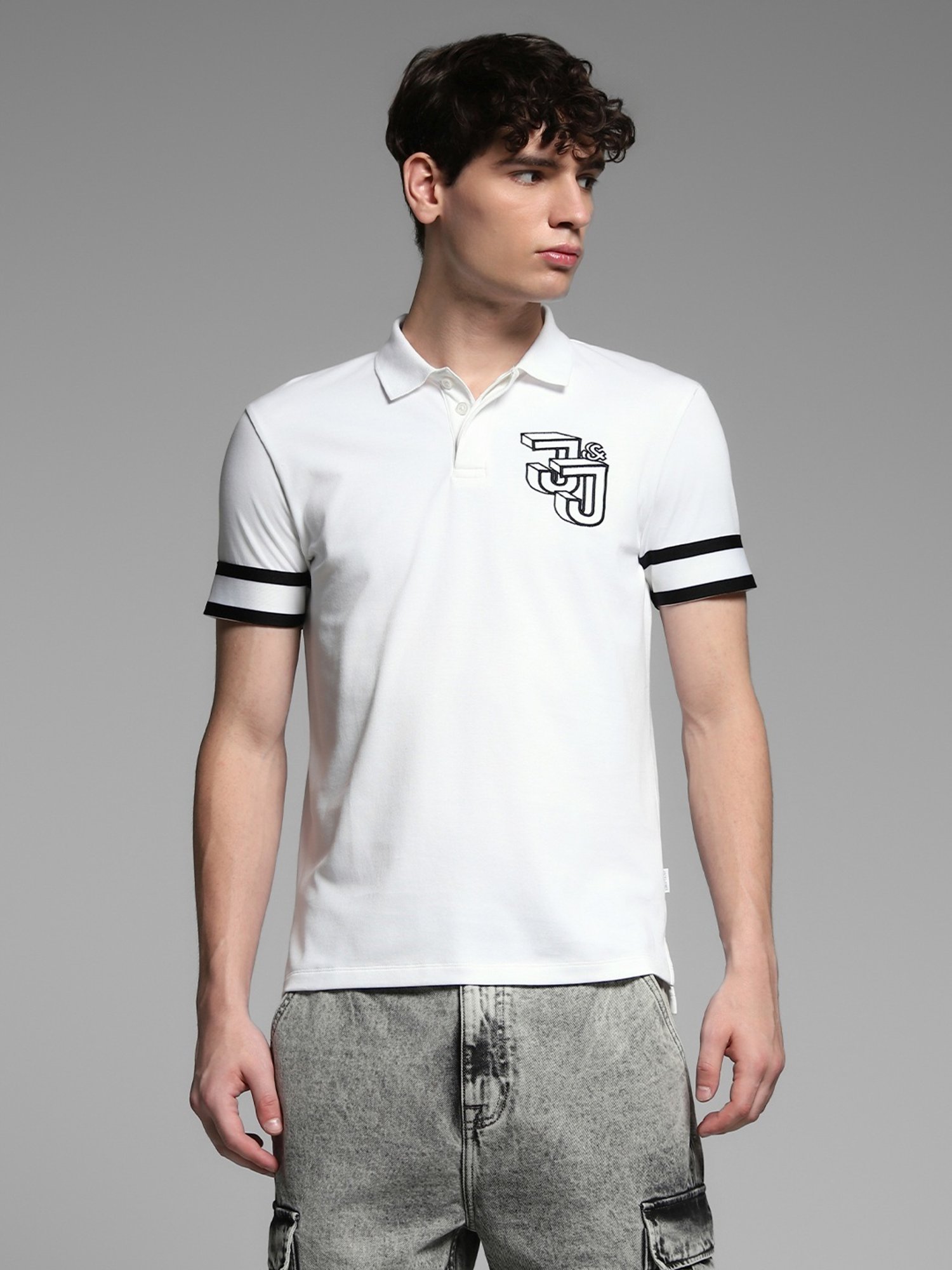 Jack & Jones White Cotton Loose Fit Embroidered Polo T-Shirt