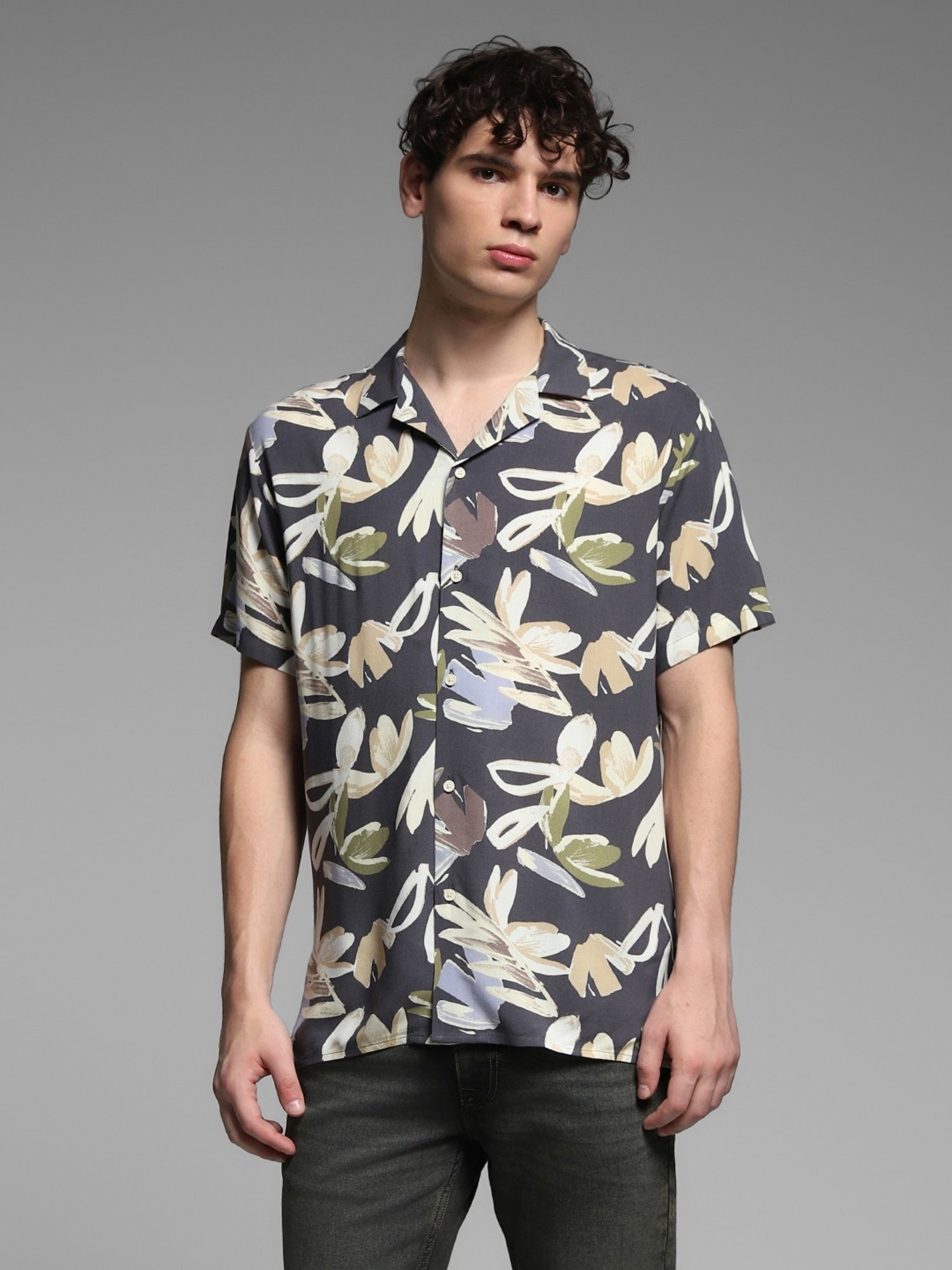Jack & Jones Grey Comfort Fit Floral Print Shirt