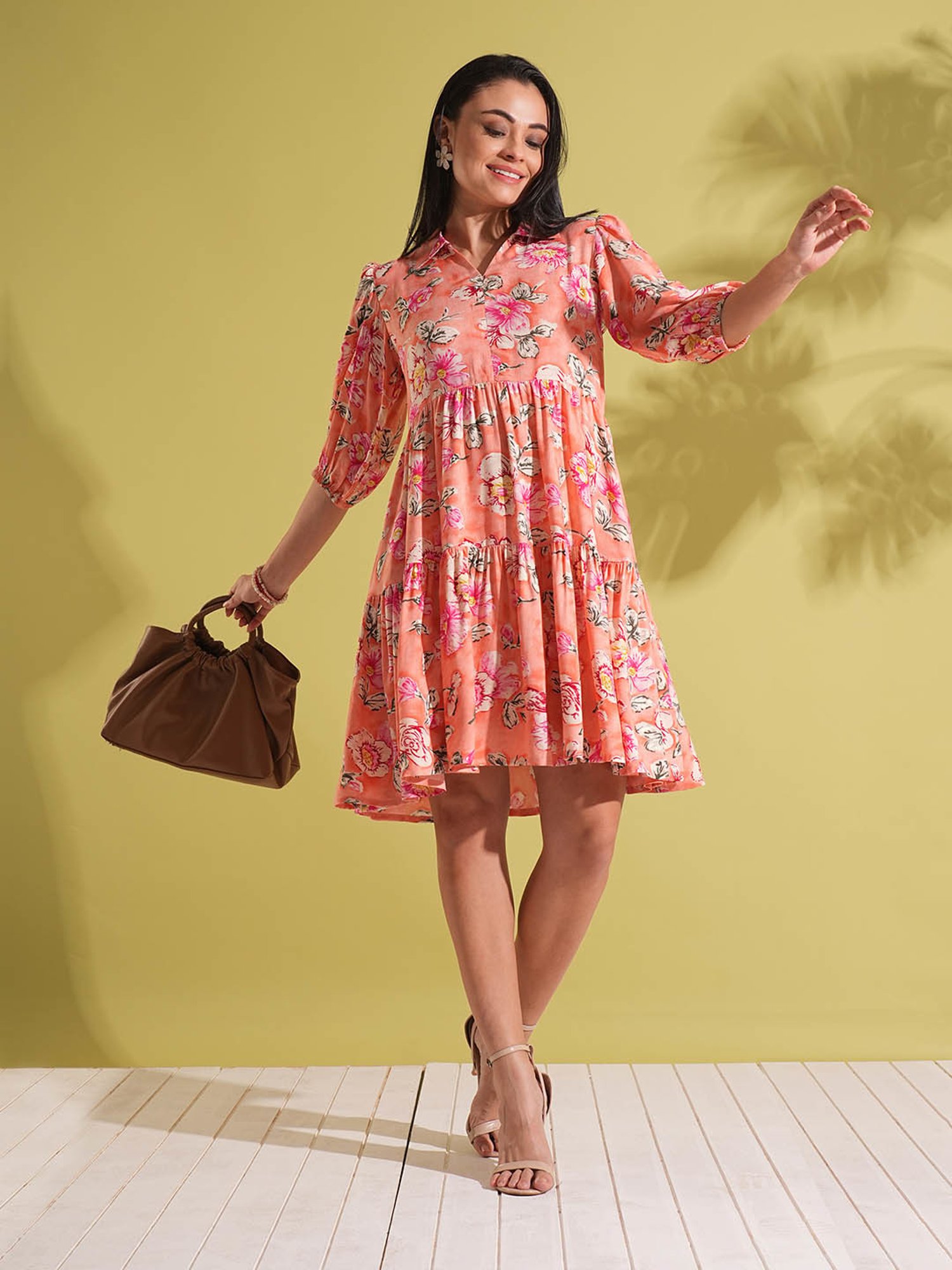 Buy Coral Floral Print Shirt Collar Puff Sleeves Tiered Knee