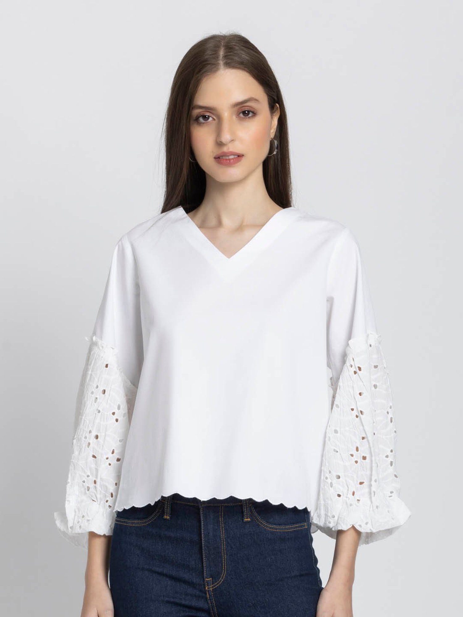 she®️®️y Buy SHAYE White V-Neck Solid Full Sleeves Casual Tops For Women