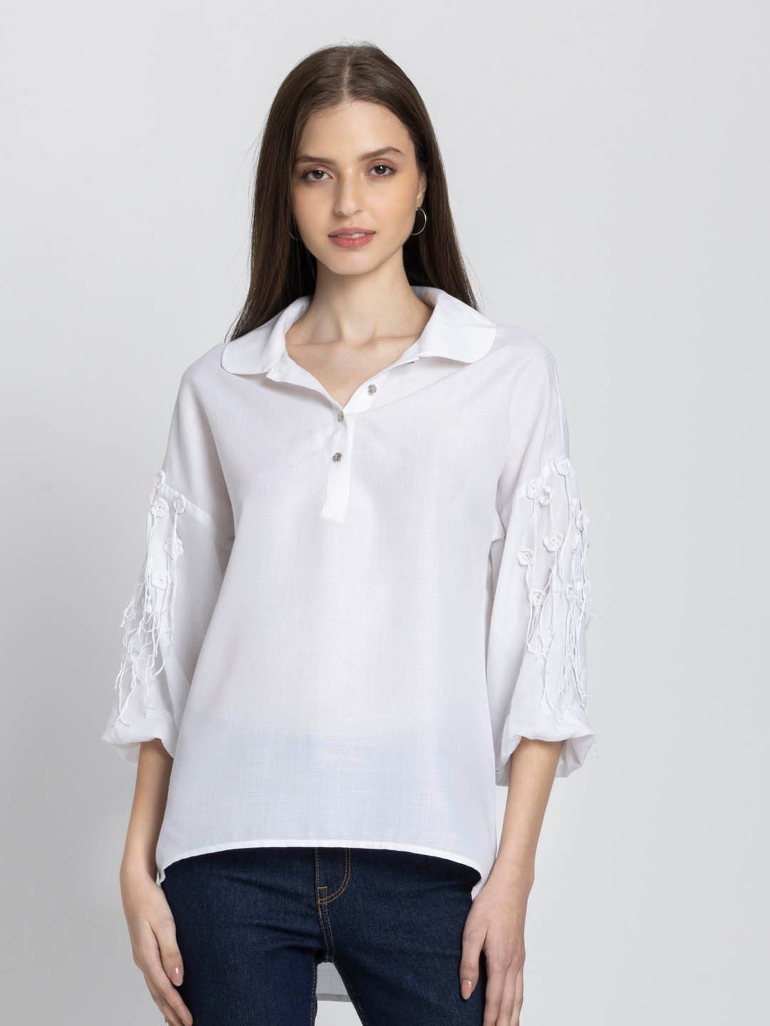 she®️®️y Buy SHAYE White V-Neck Solid Full Sleeves Casual Tops For Women