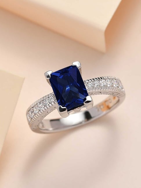 925 Silver Blue Sapphire and American Diamond Classic Cocktail Ring for  Women Girls